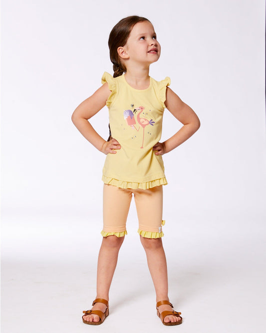 Organic Cotton Tunic With Frill And Print Yellow And Flamingo-1