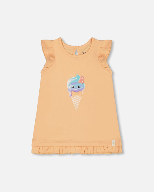 Organic Cotton Tunic With Frill And Print Light Orange And Ice Cream Cone-0