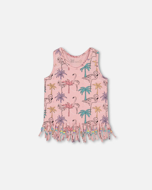 Printed Organic Cotton Tank Top With Fringe Palm Trees, Pink Flamingo, And Turquoise-0