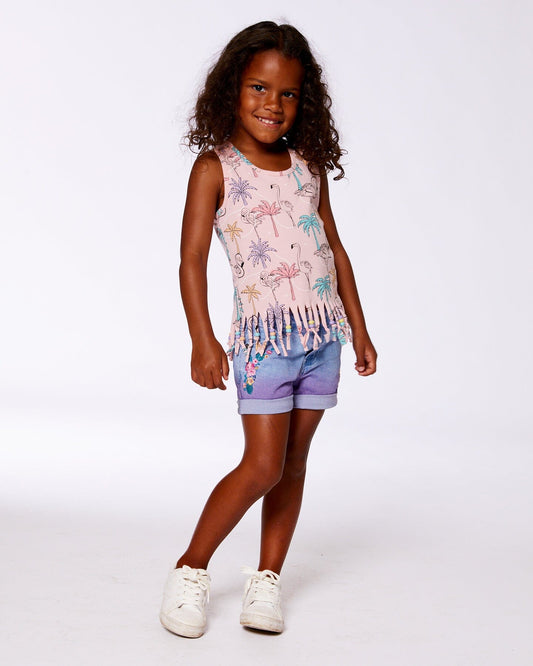 Printed Organic Cotton Tank Top With Fringe Palm Trees, Pink Flamingo, And Turquoise-1