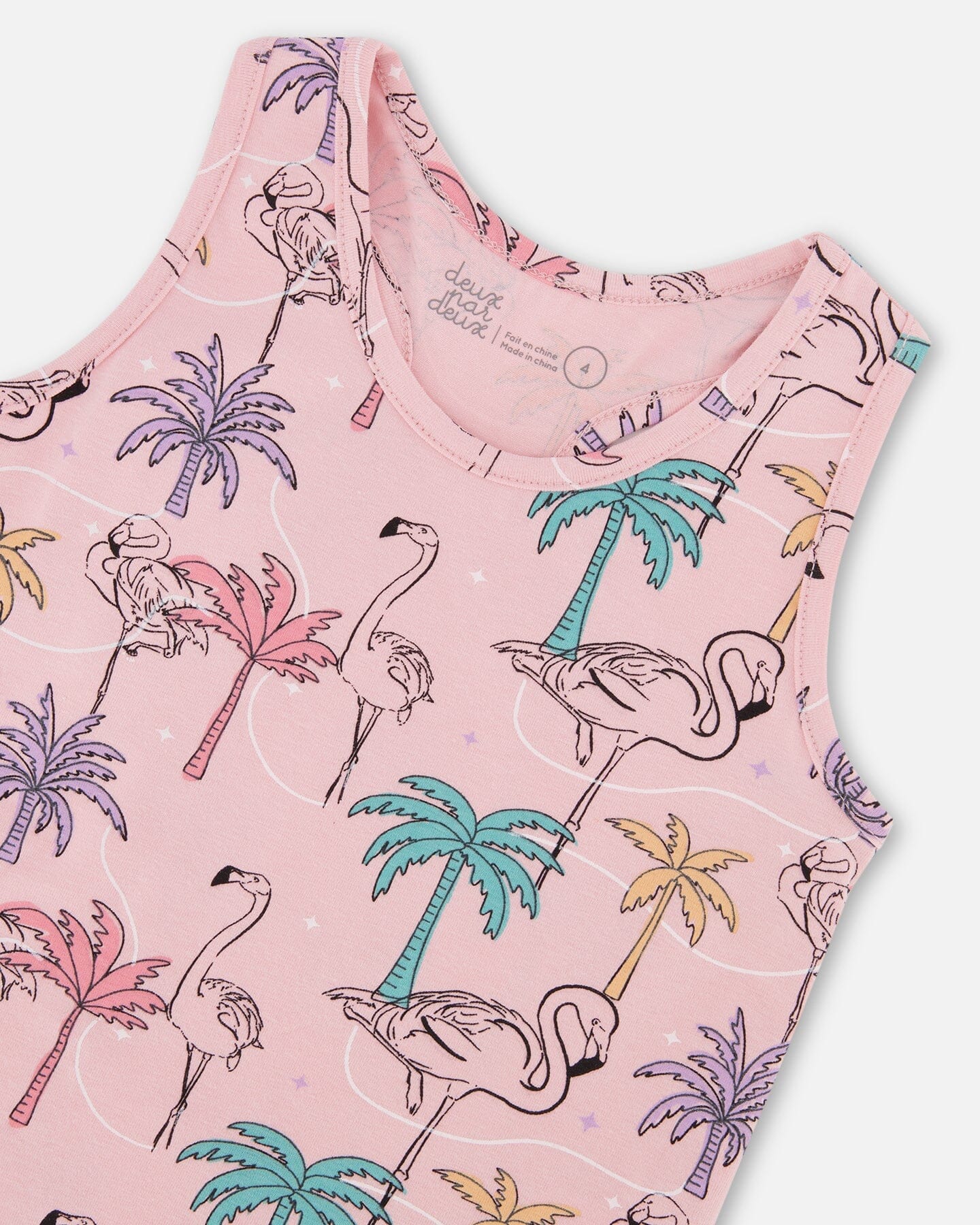 Printed Organic Cotton Tank Top With Fringe Palm Trees, Pink Flamingo, And Turquoise-3