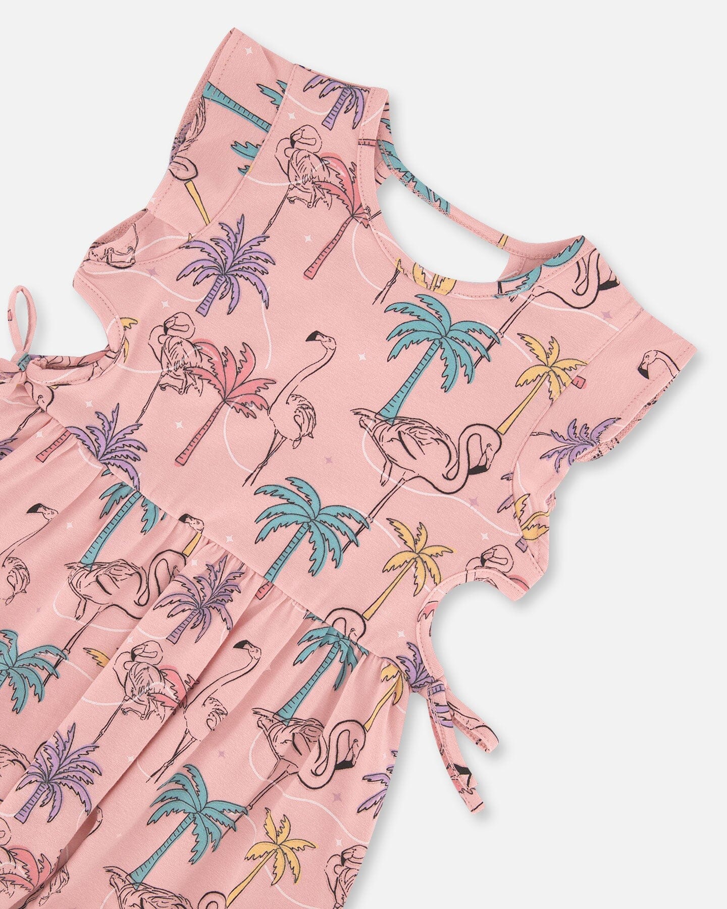 Printed Organic Cotton Dress With Cut Outs Palm Trees, Pink Flamingo, And Turquoise-3