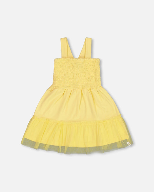 Smocked Organic Cotton Dress With Mesh Frill Yellow-0