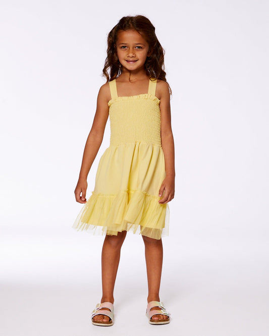 Smocked Organic Cotton Dress With Mesh Frill Yellow-1