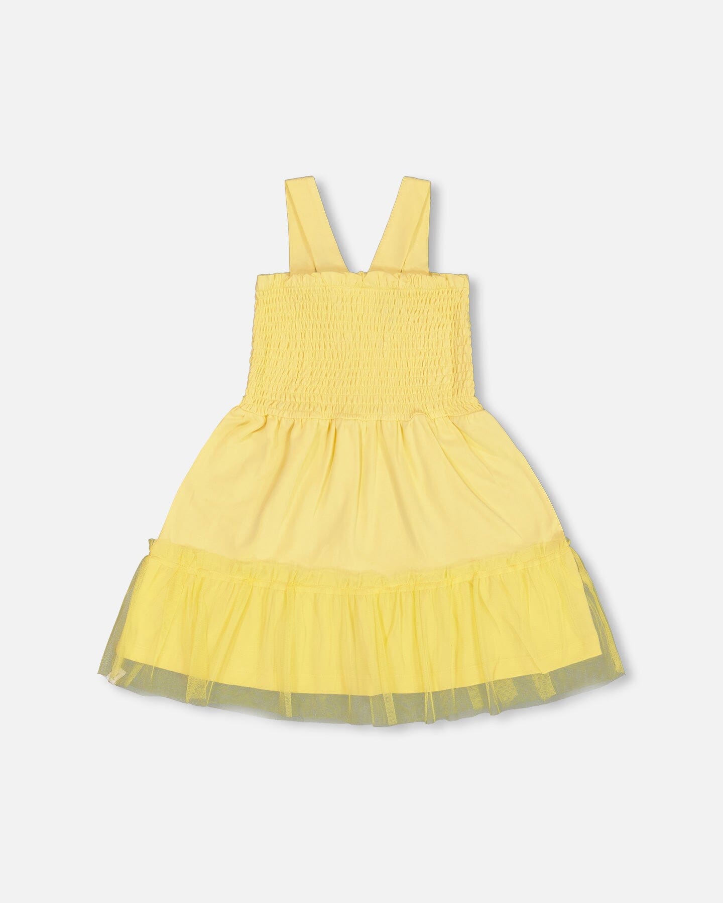 Smocked Organic Cotton Dress With Mesh Frill Yellow-2