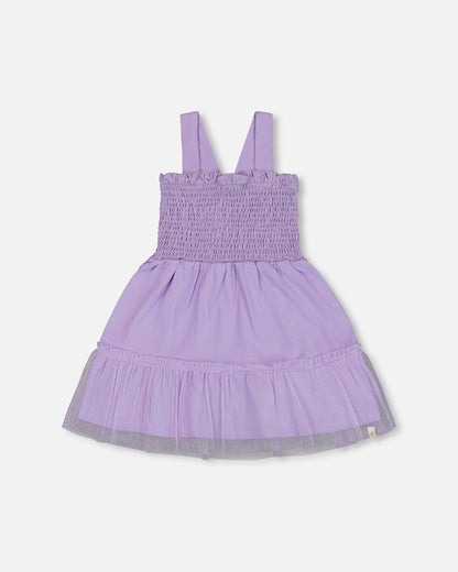 Smocked Organic Cotton Dress With Mesh Frill Lilac-0
