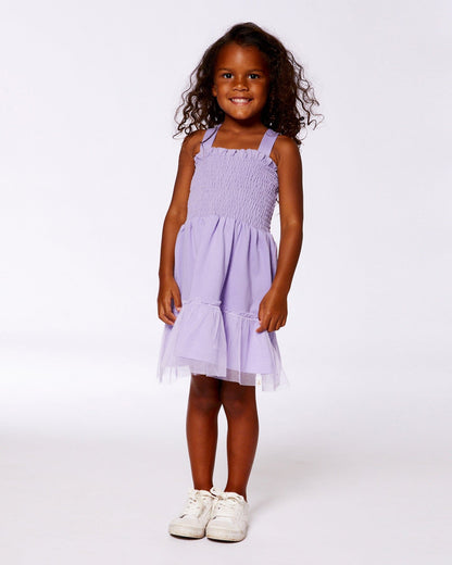 Smocked Organic Cotton Dress With Mesh Frill Lilac-1