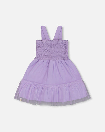 Smocked Organic Cotton Dress With Mesh Frill Lilac-2