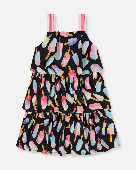 Printed Tiered Dress Ice Lollipops And Black-0