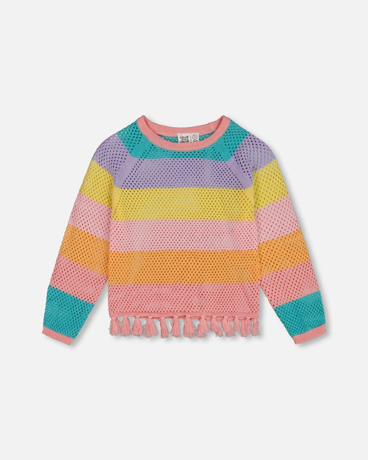 Cotton Sweater With Fringe Multicolor Stripes-0