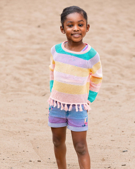 Cotton Sweater With Fringe Multicolor Stripes-1