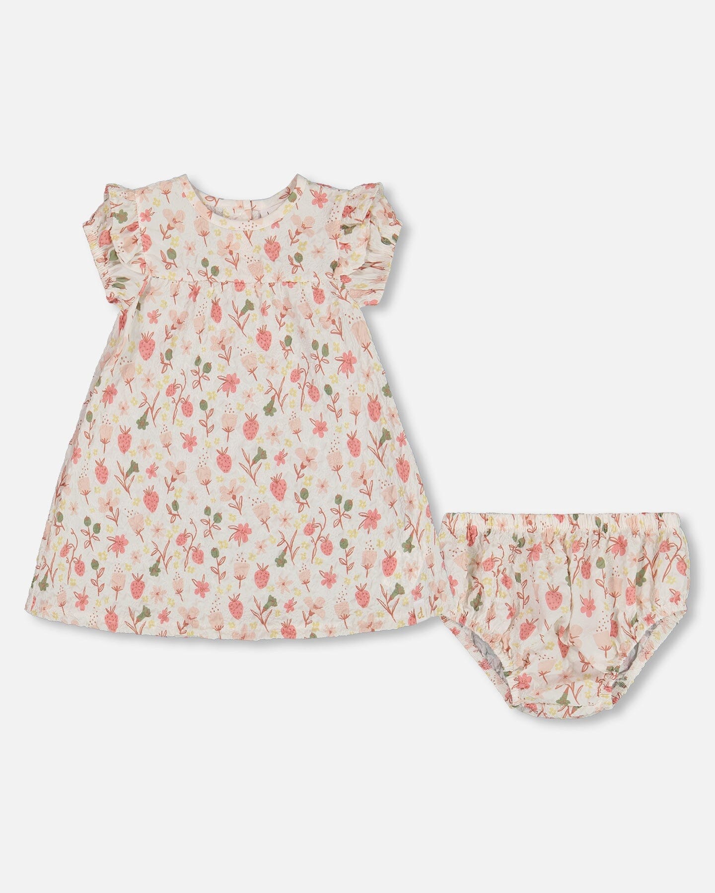 Printed Seersucker Dress And Bloomer Set Pink Flowers On Cream Background-0