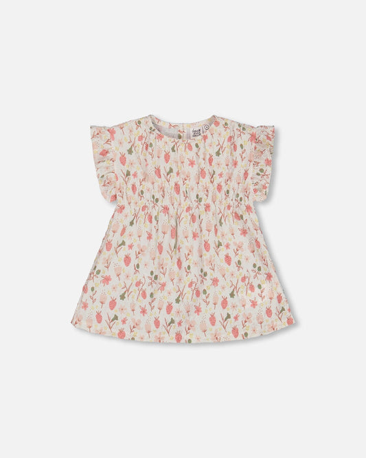 Printed Seersucker Blouse With Frills Pink Flowers On Cream Background-0