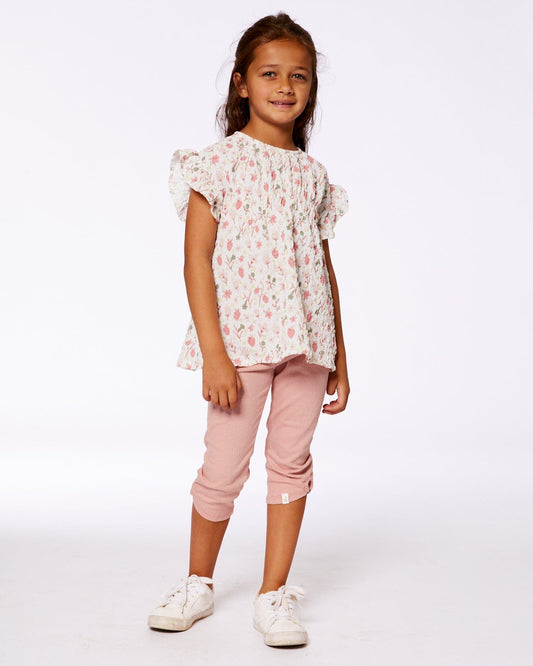 Printed Seersucker Blouse With Frills Pink Flowers On Cream Background-1