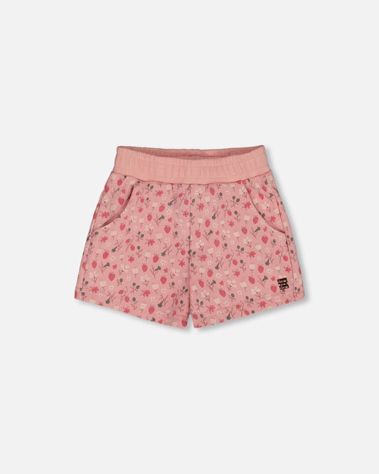 Printed French Terry Short Old Pink And Flowers-0