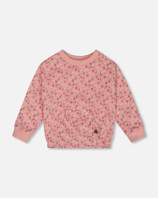 Printed French Terry Sweatshirt Old Pink And Flowers-0