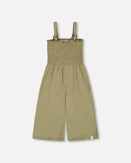 Smocked Crinkle Jersey Jumpsuit Olive Green-0