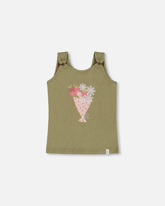 Crinkle Jersey Tank Top Floral Olive Green-0