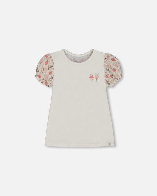 Bi-Material Organic Cotton Top With Puff Sleeve Pink Flowers On Cream Background-0