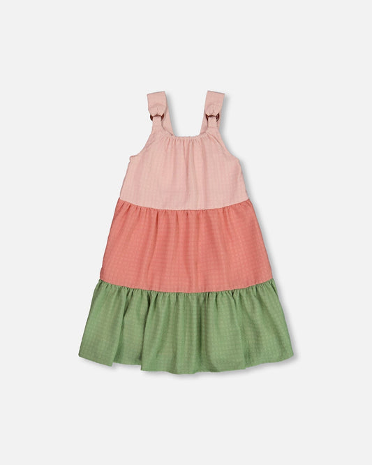 Tiered Color Block Peasant Dress Peach Pink And Green-0