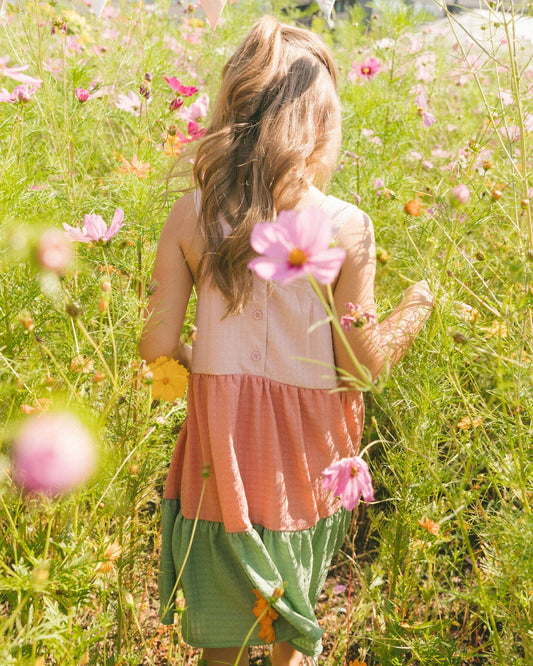 Tiered Color Block Peasant Dress Peach Pink And Green-1