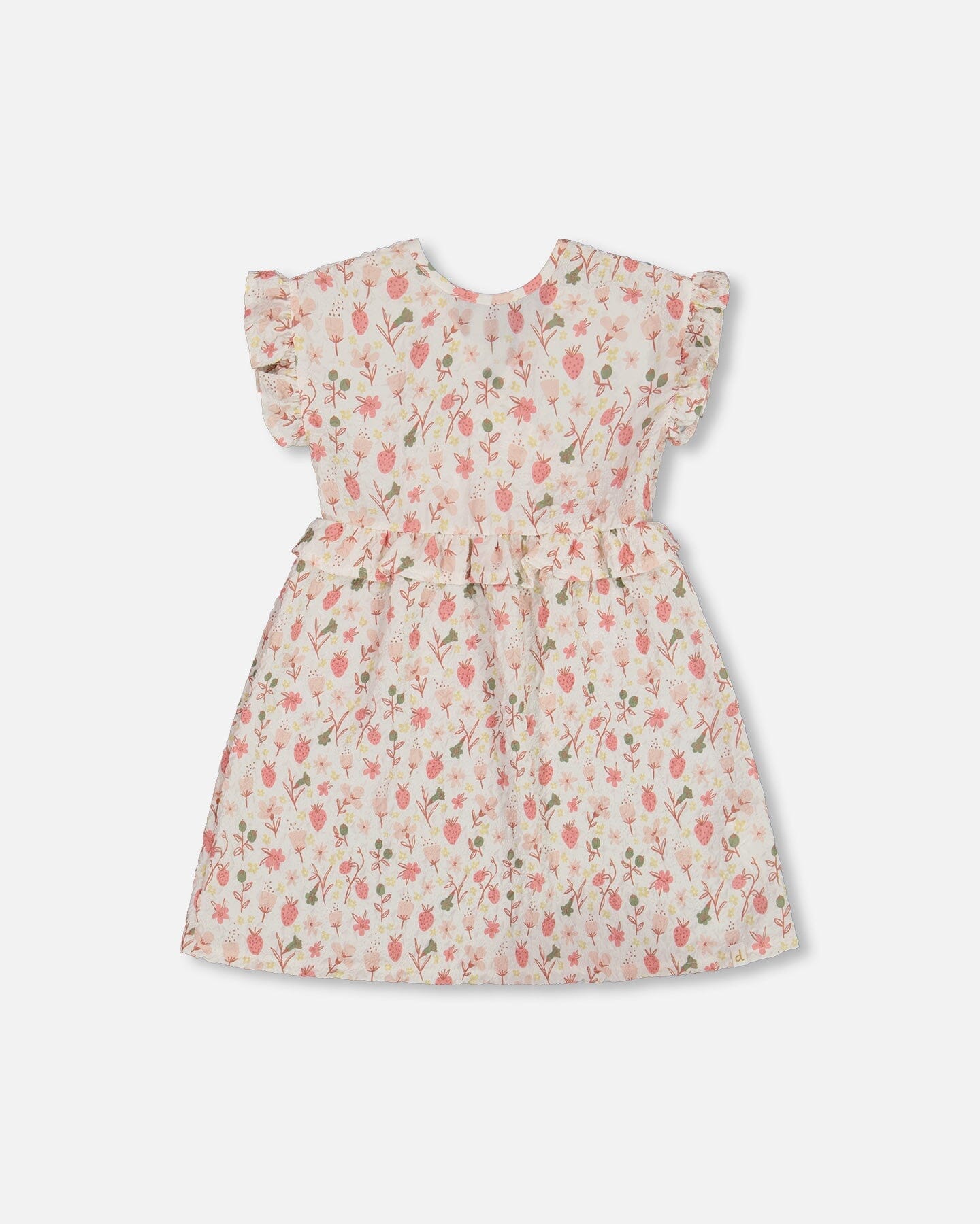 Printed Seersucker Dress With Frill Pink Flowers On Cream Background-0