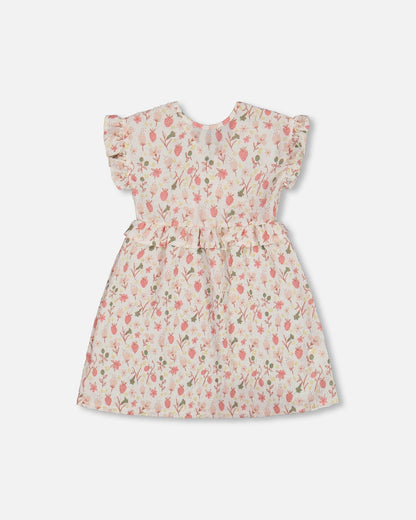 Printed Seersucker Dress With Frill Pink Flowers On Cream Background-0