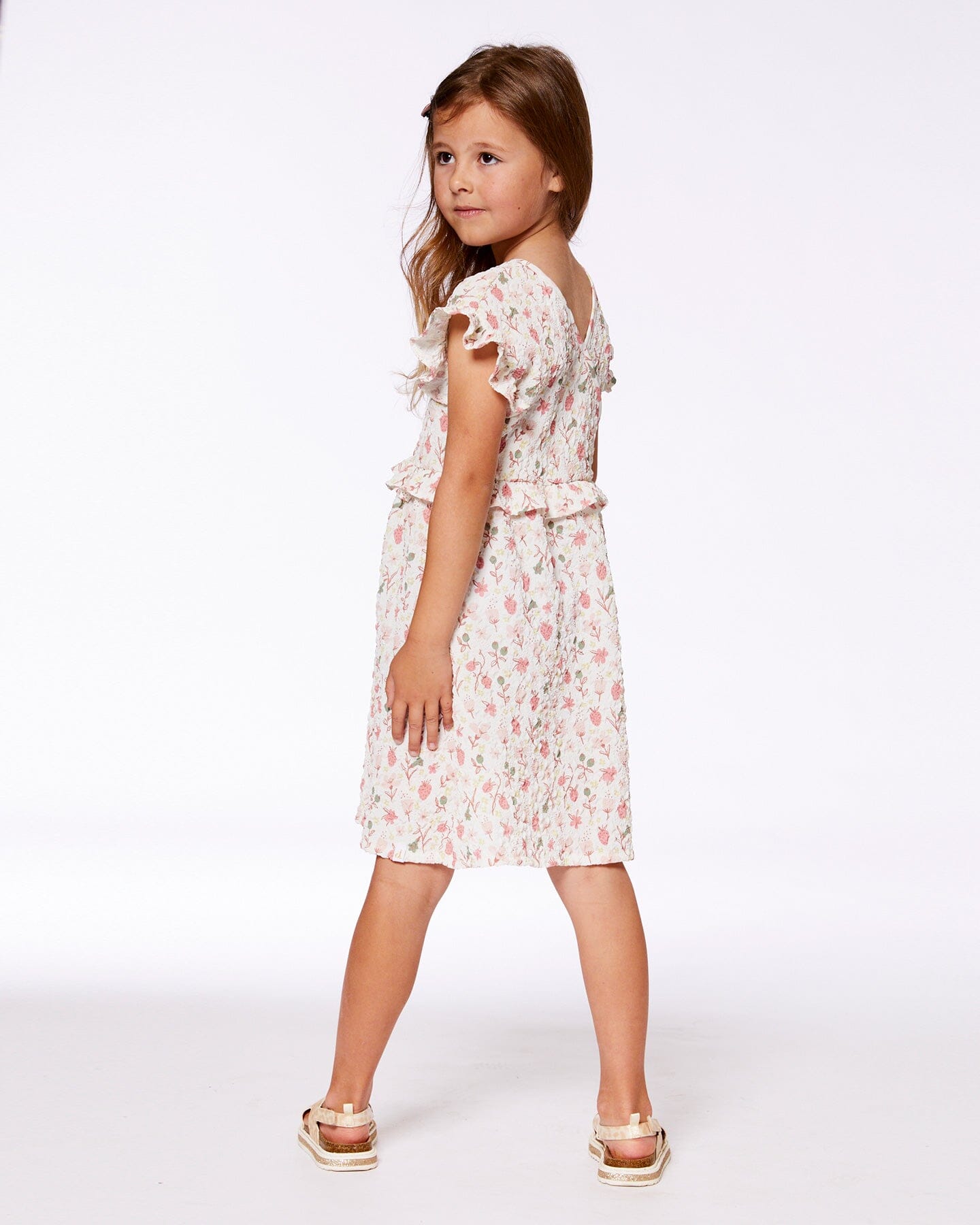 Printed Seersucker Dress With Frill Pink Flowers On Cream Background-1