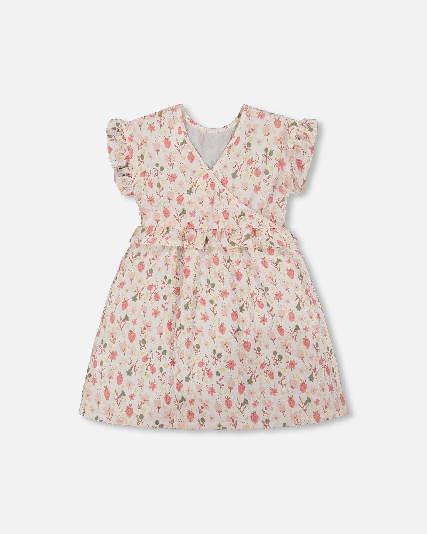 Printed Seersucker Dress With Frill Pink Flowers On Cream Background-2