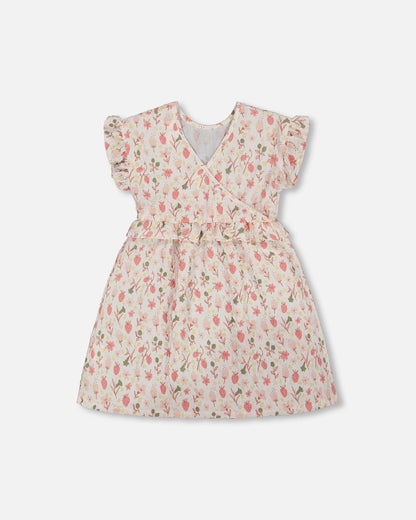 Printed Seersucker Dress With Frill Pink Flowers On Cream Background-2