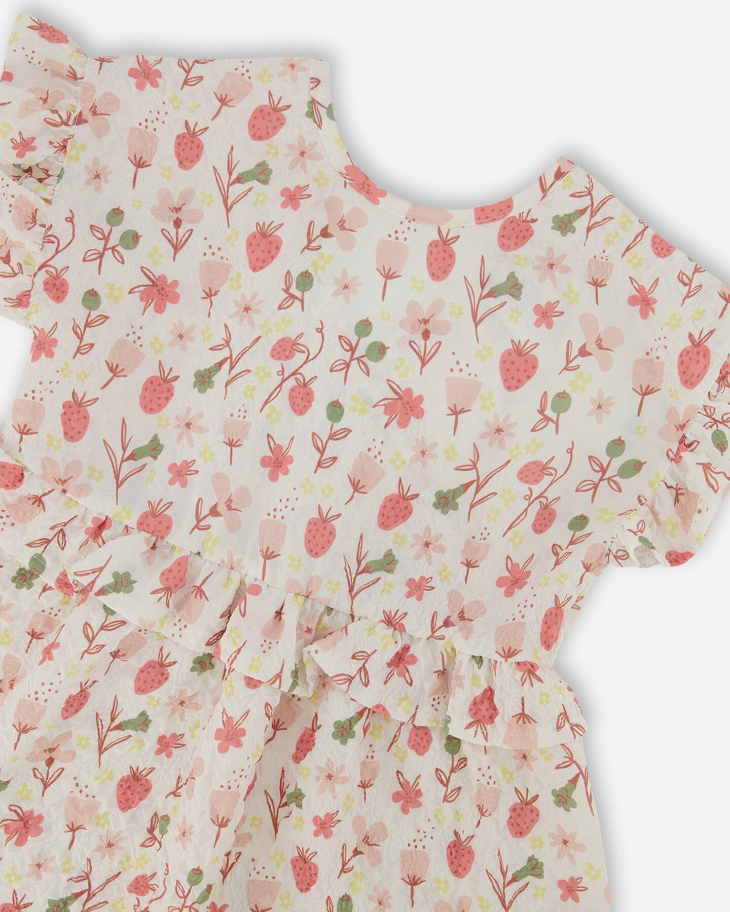 Printed Seersucker Dress With Frill Pink Flowers On Cream Background-3