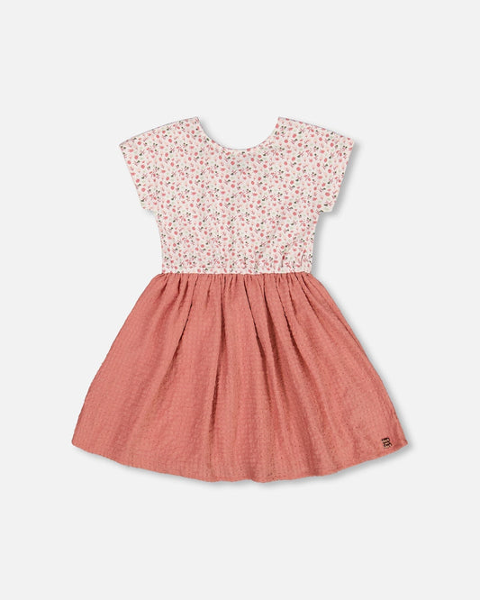 Bi-Material Dress With Printed Top Small Flowers And Pink-0