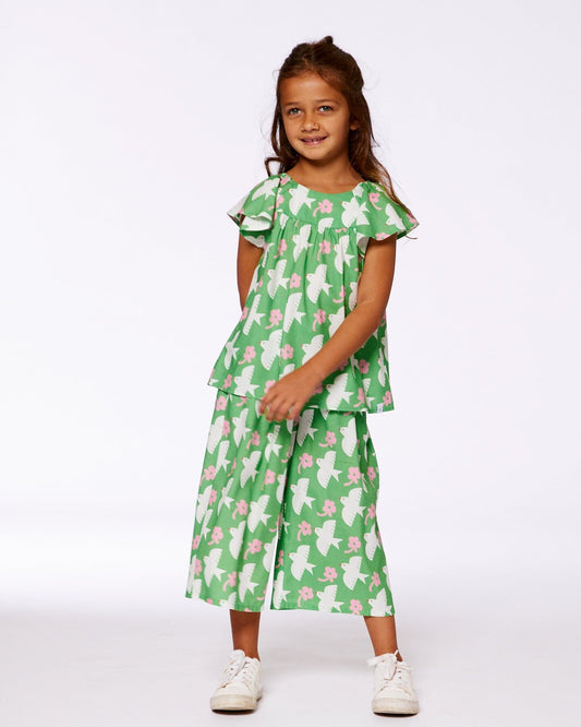 Printed Blouse With Flounce Sleeves Green With White And Pink Bird-1