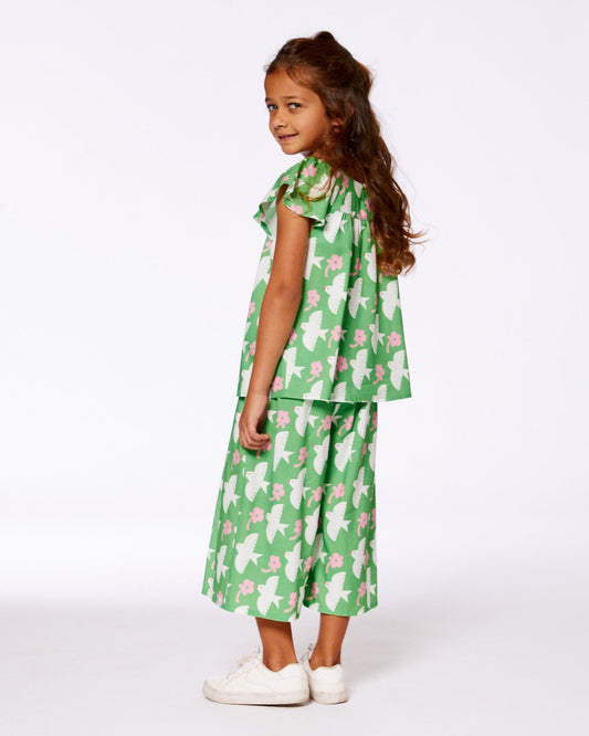 Cropped Wide Leg Pant Printed Green With White And Pink Bird-1