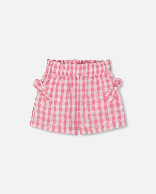 Smocked Waist Short With Knots Pink And White Checks-0