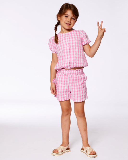 Smocked Waist Short With Knots Pink And White Checks-1