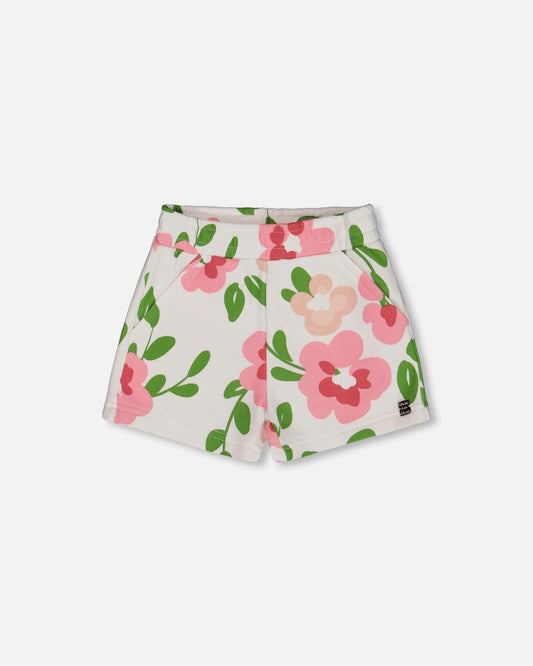 Printed French Terry Short Pink Flowers On White Background-0