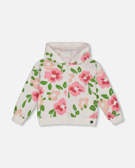 Printed French Terry Hoodie Cardigan Pink Flowers On White Background-0