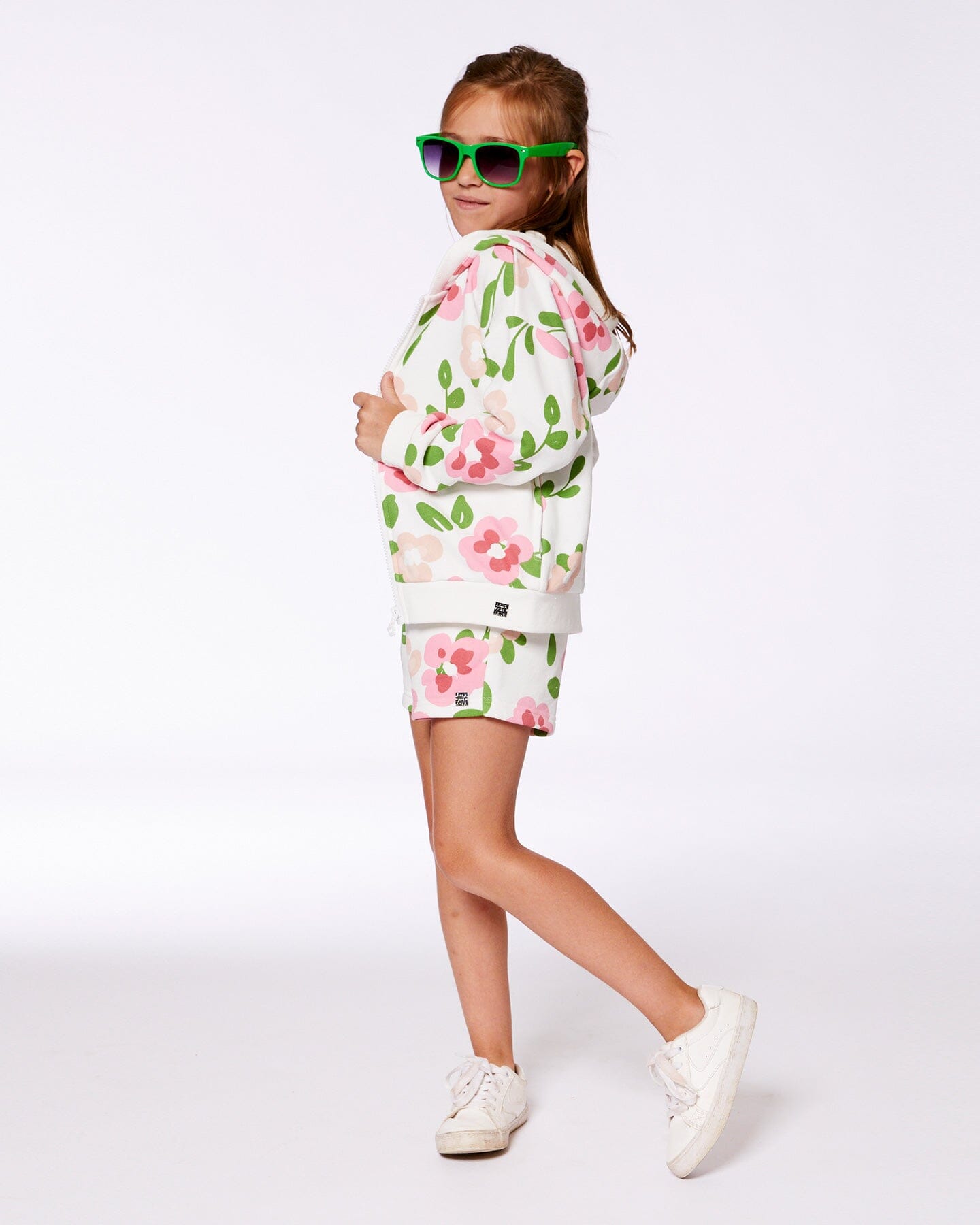 Printed French Terry Hoodie Cardigan Pink Flowers On White Background-2