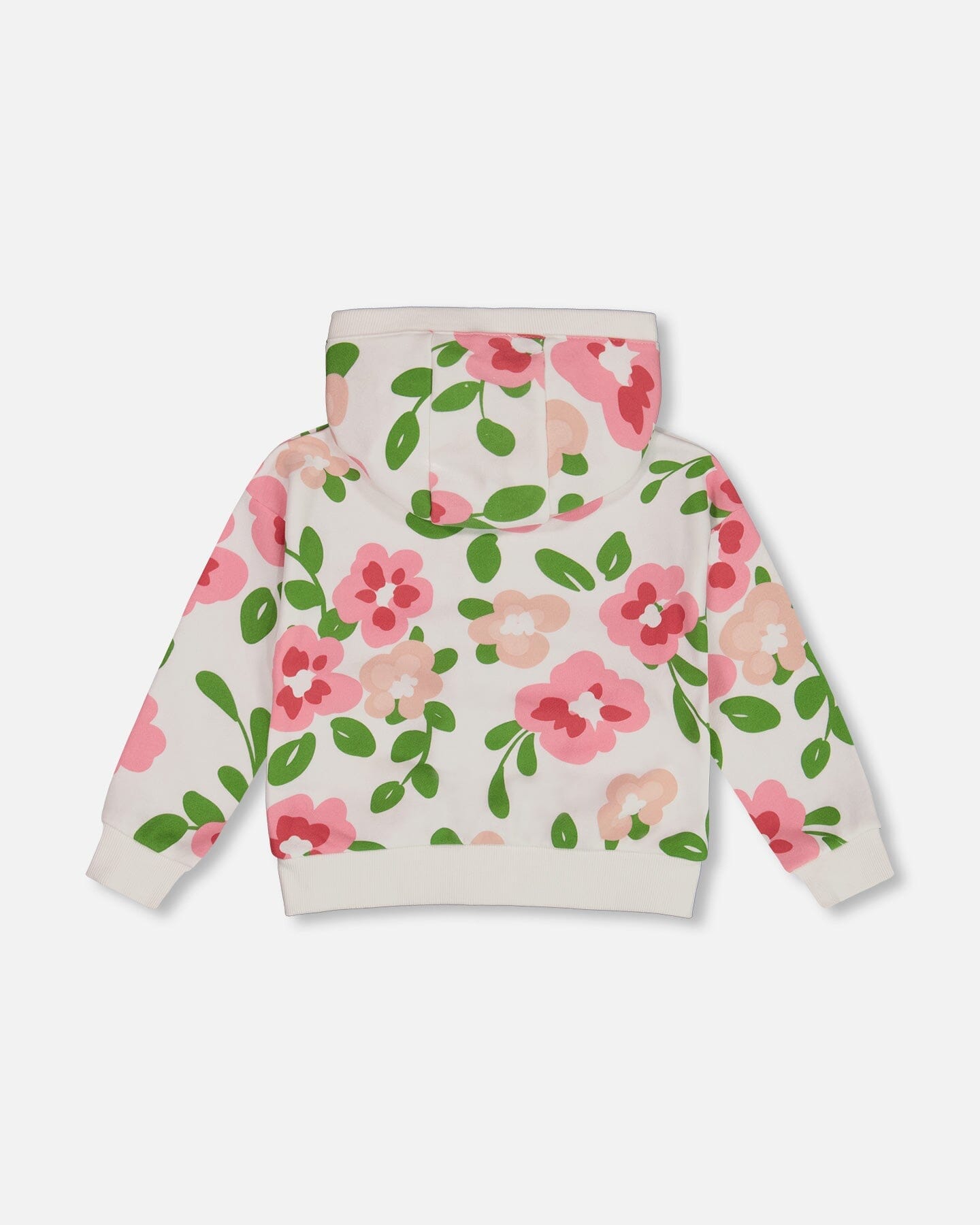 Printed French Terry Hoodie Cardigan Pink Flowers On White Background-3