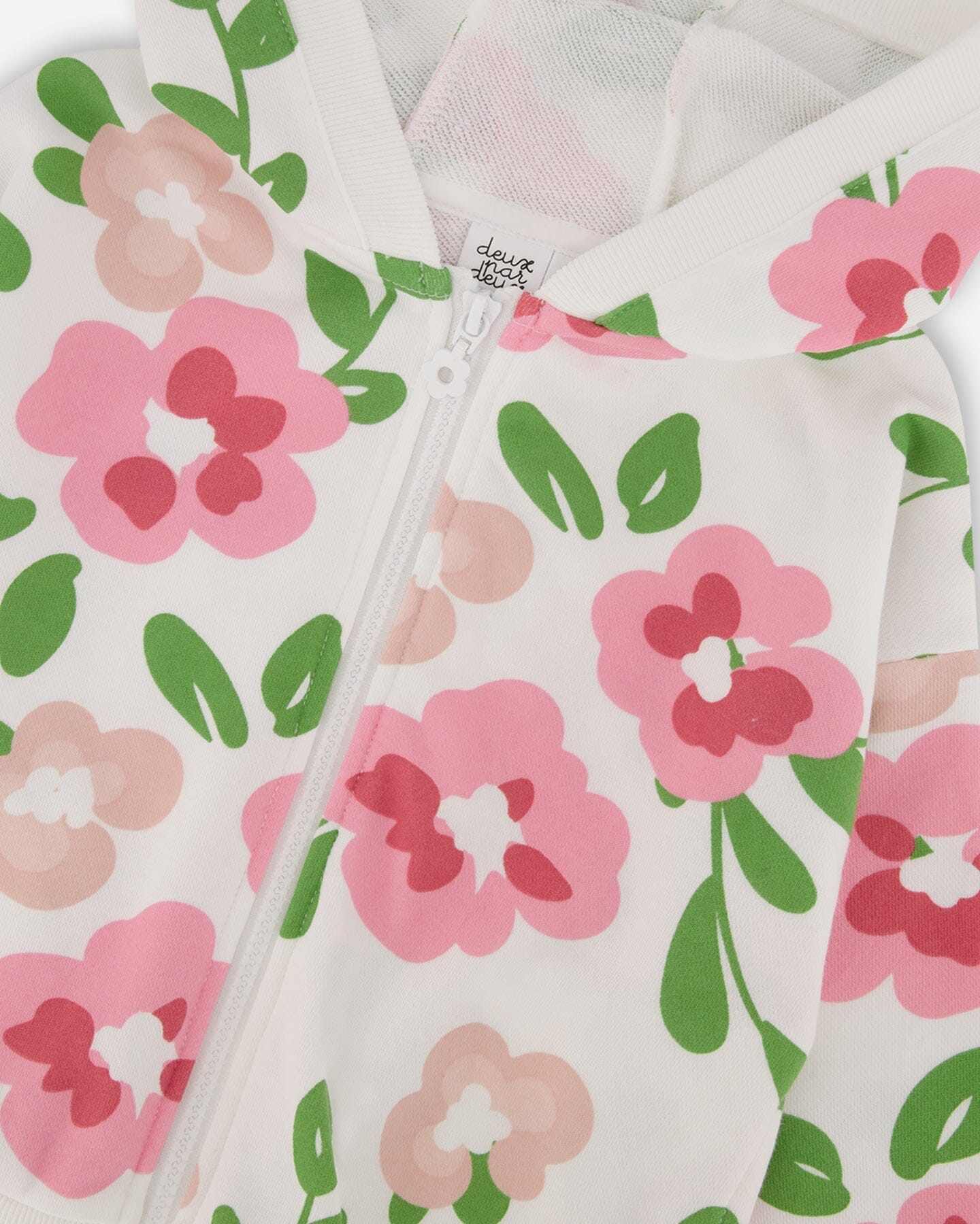 Printed French Terry Hoodie Cardigan Pink Flowers On White Background-4