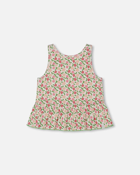 Printed Tank Top With Flounce Small Flowers On White Background-0