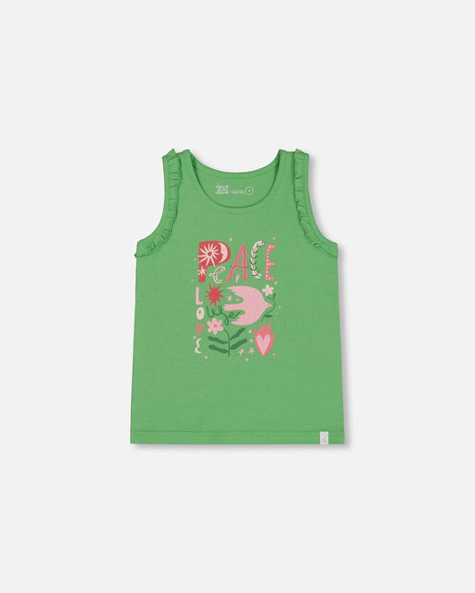 Organic Cotton Tank With Frills Flowers On Green Background-0