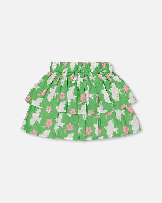 Tiered Elastic Waist Skirt Green With White And Pink Bird-0