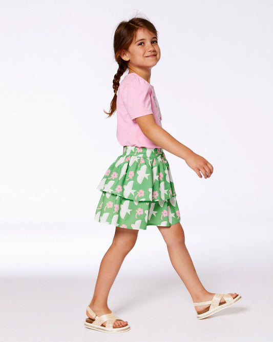 Tiered Elastic Waist Skirt Green With White And Pink Bird-1