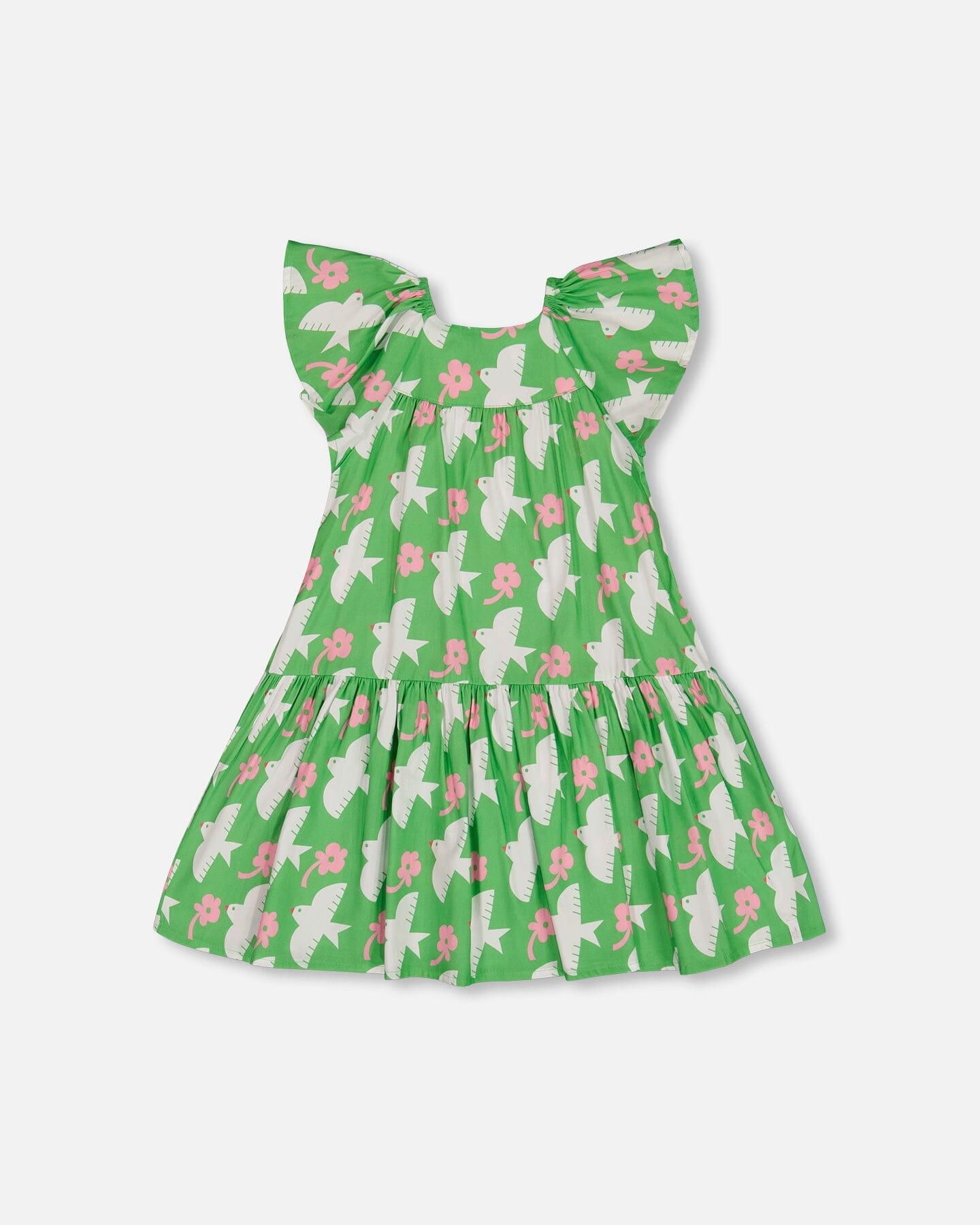 Printed Dress With Flounce Sleeves Green With White And Pink Bird-0