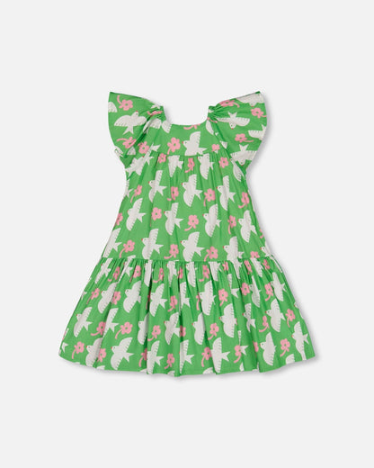 Printed Dress With Flounce Sleeves Green With White And Pink Bird-0