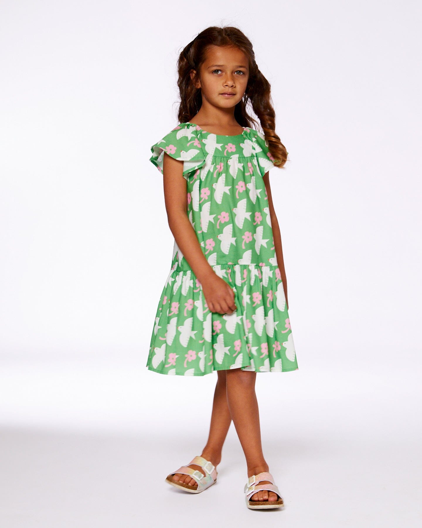 Printed Dress With Flounce Sleeves Green With White And Pink Bird-3