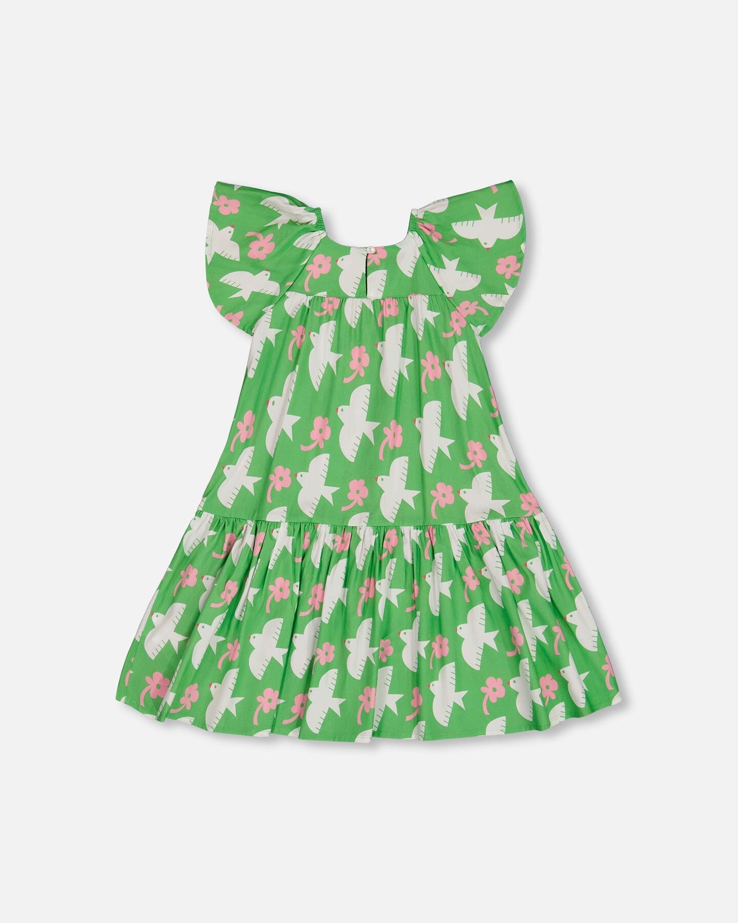 Printed Dress With Flounce Sleeves Green With White And Pink Bird-4