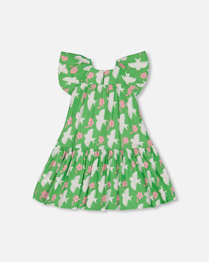 Printed Dress With Flounce Sleeves Green With White And Pink Bird-4